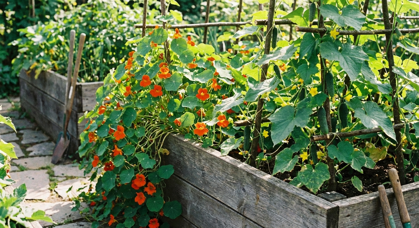 A trailing nasturtium plant with orange flowers spilling over the edge of a raised bed next to cucumber vines