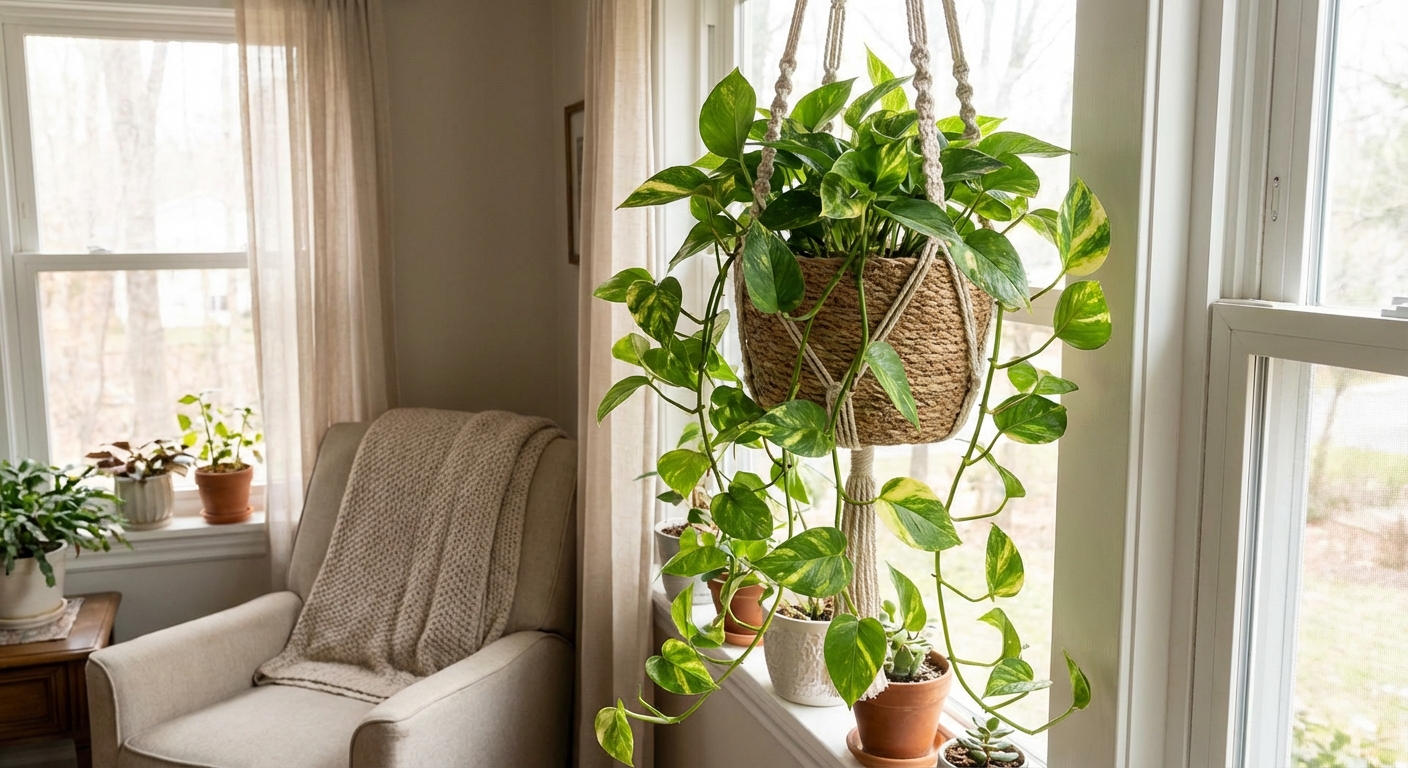 A trailing pothos vine cascading from a hanging planter near a bright window, heart-shaped leaves, cozy apartment interior, photorealistic