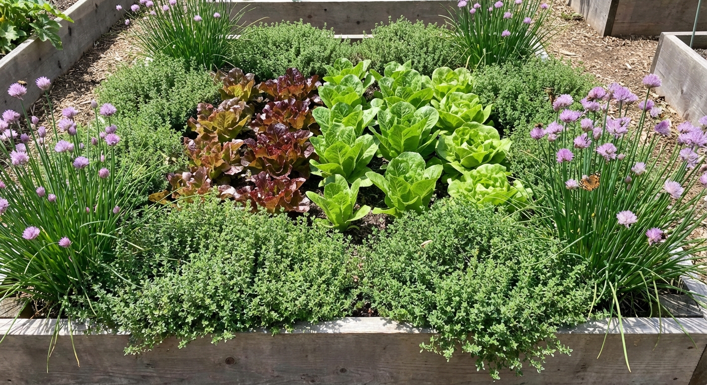 A vegetable garden bed edged with thyme and chives, with lettuce growing in the center, midday natural light, realistic photography