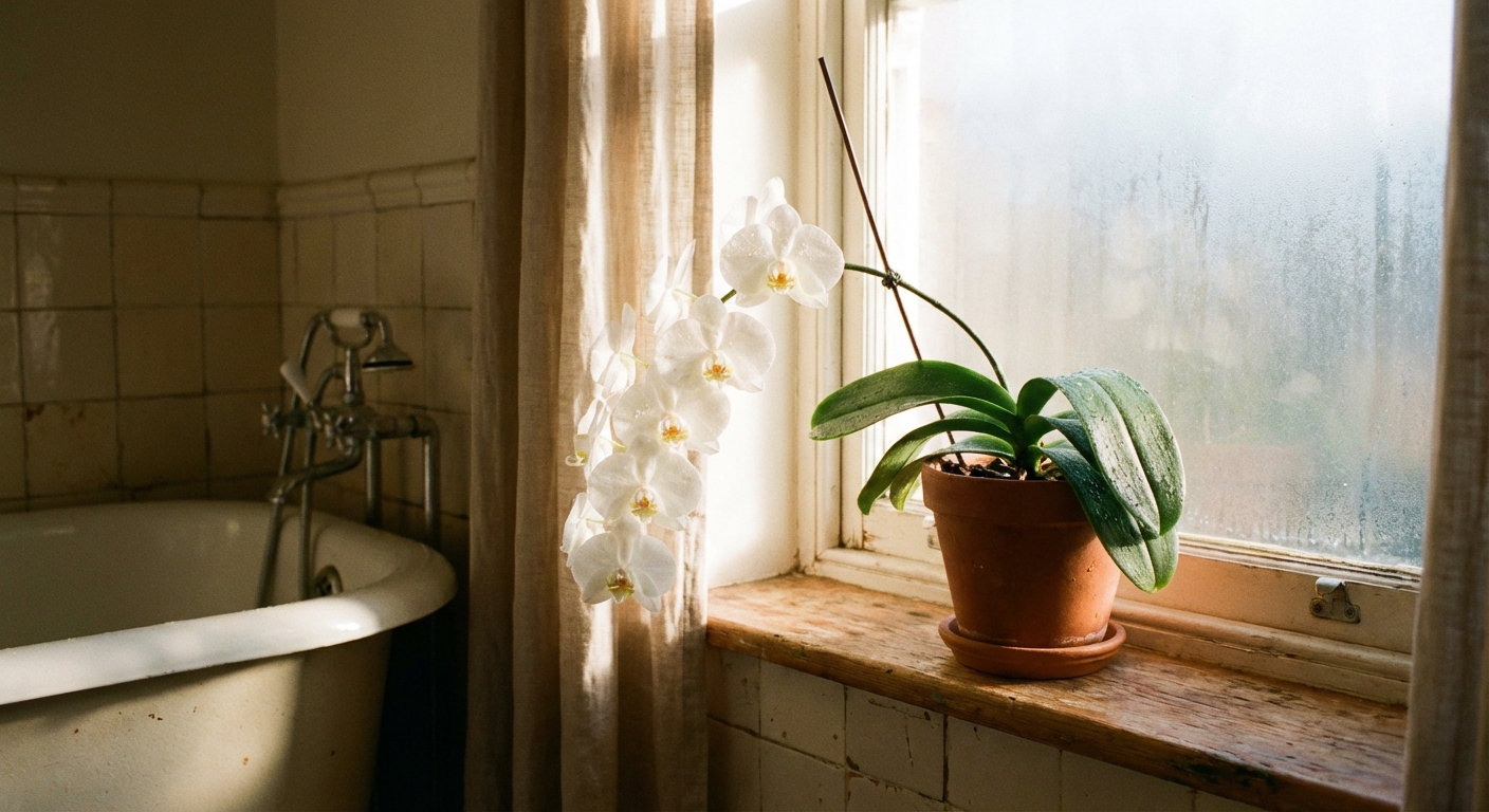 A white Phalaenopsis orchid in bloom on a bathroom windowsill with morning light