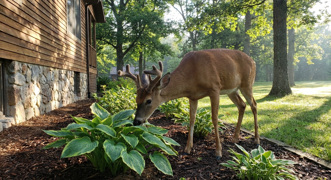 A white-tailed deer nibbling hosta leaves in a shaded flower bed beside a house, early morning light, photorealistic