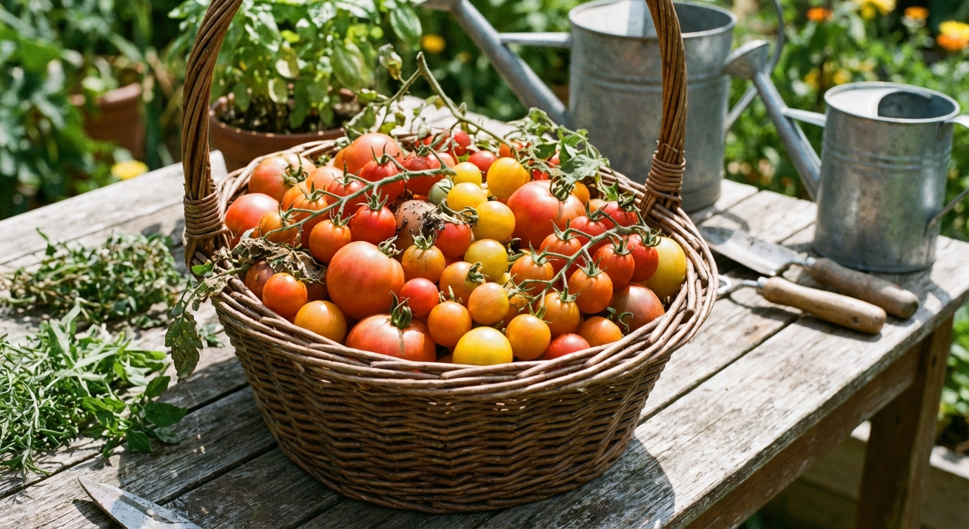 A wicker basket filled with a mix of cherry tomatoes and medium slicer tomatoes freshly picked from a home garden