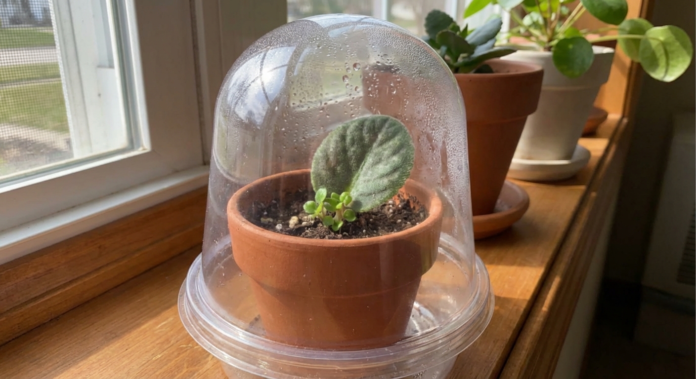 African violet leaf cutting rooted in a small pot under a clear plastic dome on a bright windowsill