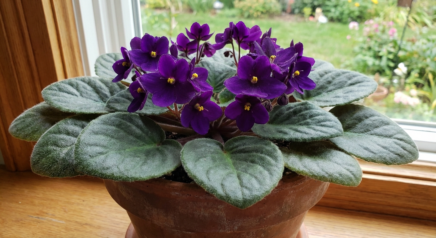 African violet with multiple purple blooms and a symmetrical rosette of velvety green leaves