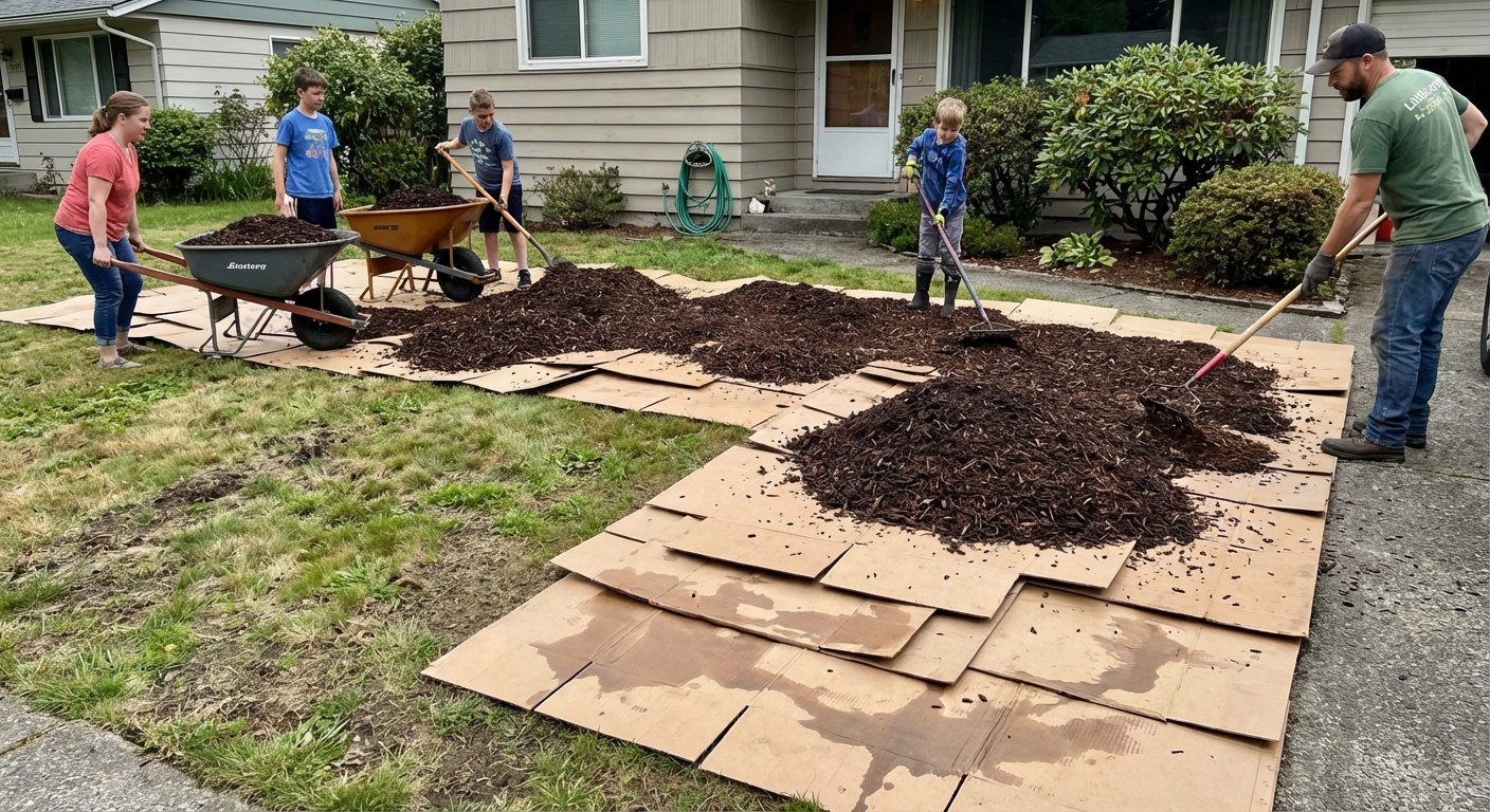 Cardboard laid over a lawn with mulch being spread on top in a residential yard