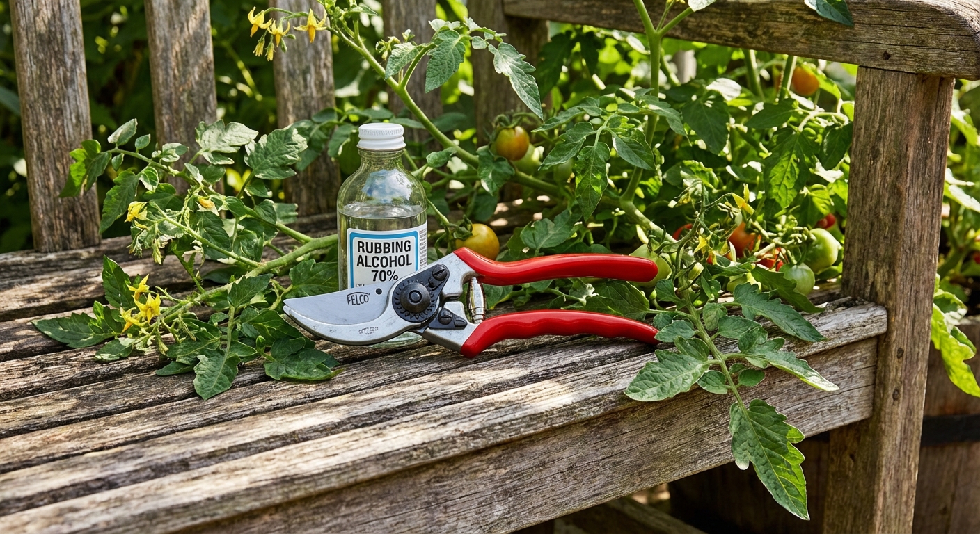 Clean hand pruners and a small bottle of rubbing alcohol sitting on a wooden garden bench beside tomato leaves