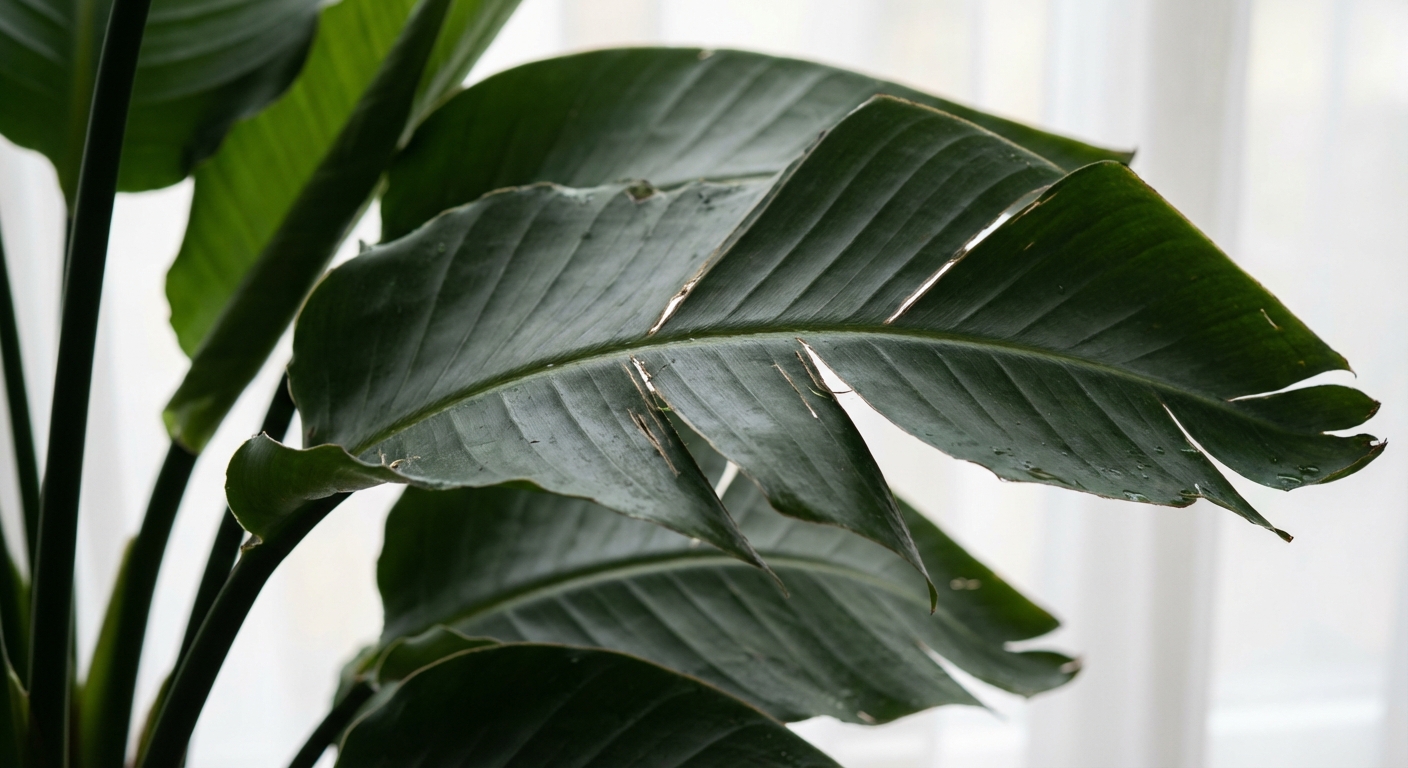 Close-up of Bird of Paradise leaves with natural splits along the veins, bright indirect light, crisp detail, photorealistic plant photography