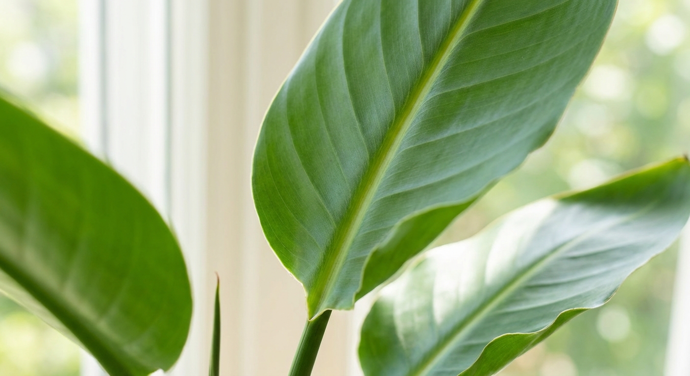 Close-up of Strelitzia reginae leaves with visible central midrib and smooth green surface, natural window light, shallow depth of field, photorealistic plant detail photo