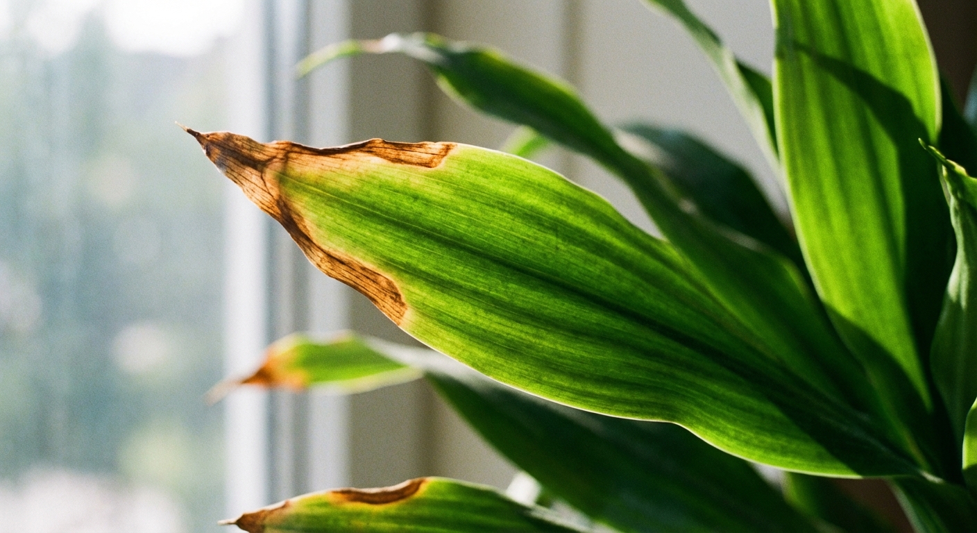 Close-up of a Dracaena leaf with lightly browned tips and otherwise healthy green tissue, photographed in natural window light