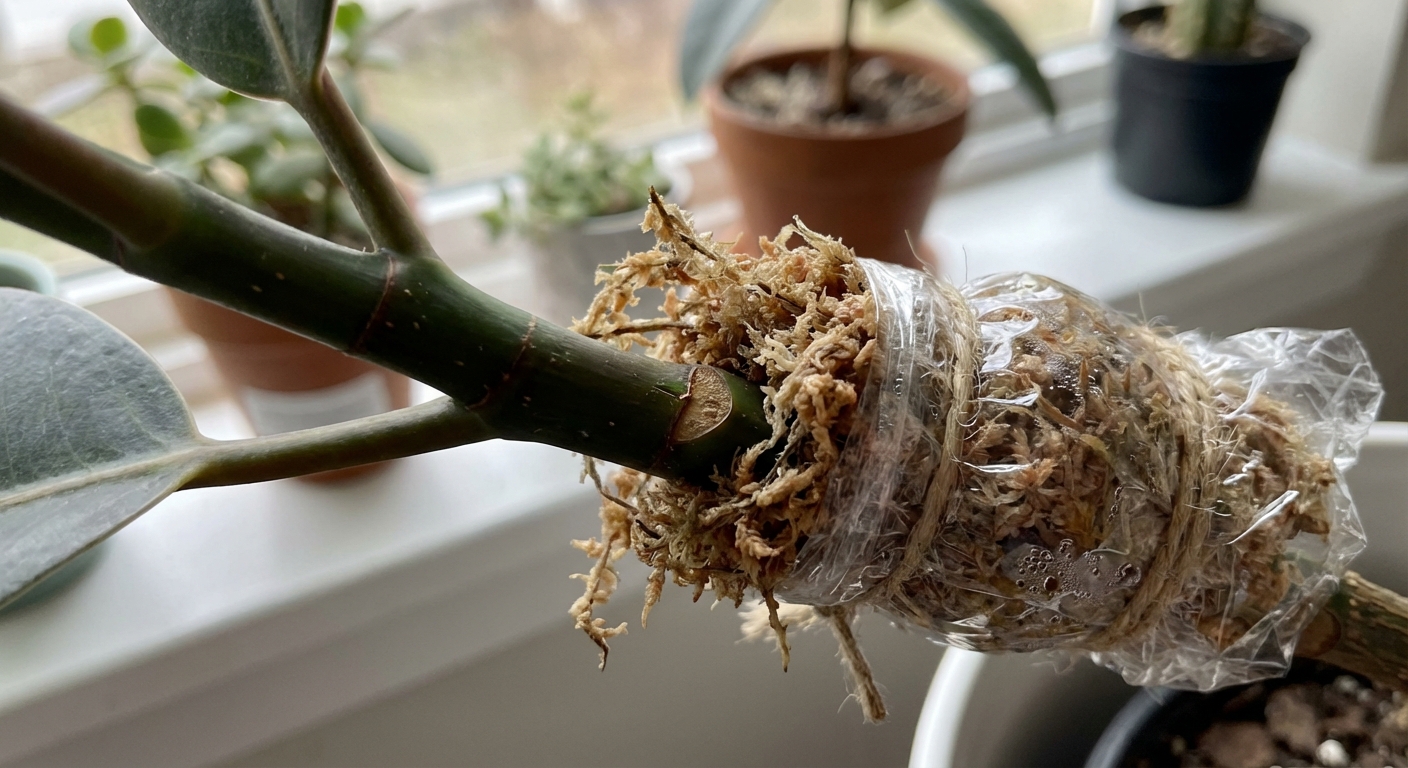 Close-up of air layering on a rubber plant stem with damp sphagnum moss wrapped around a small cut and secured with clear plastic wrap, indoor plant propagation photo