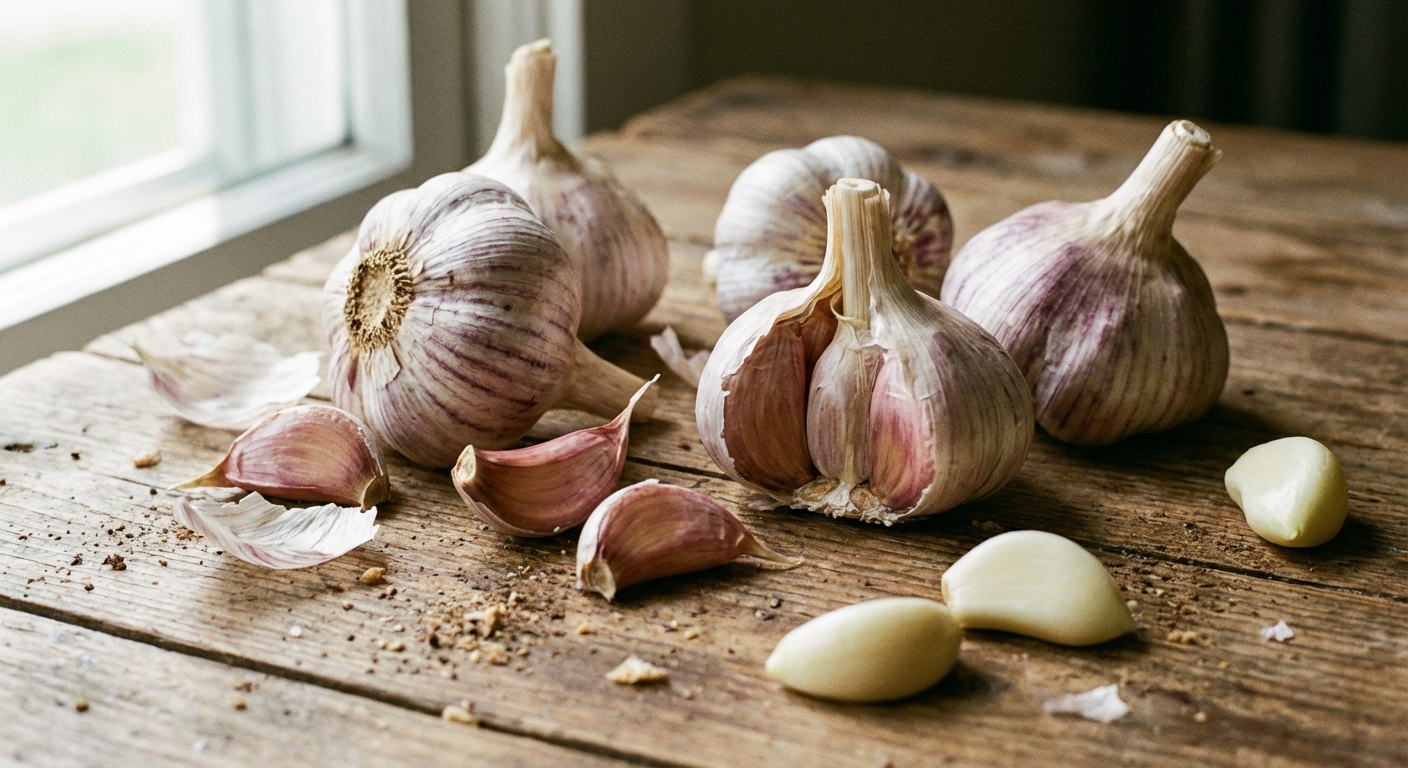 Close-up of several garlic bulbs and separated cloves on a wooden table, natural window light, photorealistic