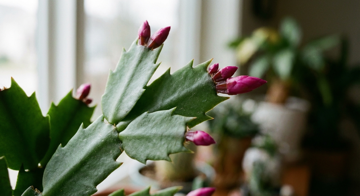 Close-up photo of a Thanksgiving cactus stem showing flat segments with pointed tooth-like edges and a few unopened buds at the tips, sharp focus, natural indoor light