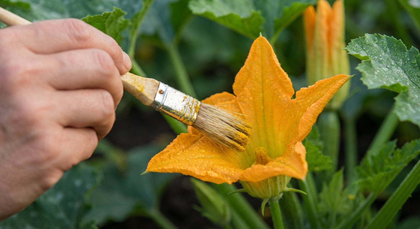 Close-up photo of a gardener hand-pollinating a zucchini flower in the morning using a small paintbrush, with visible yellow pollen and green leaves softly blurred behind, photorealistic