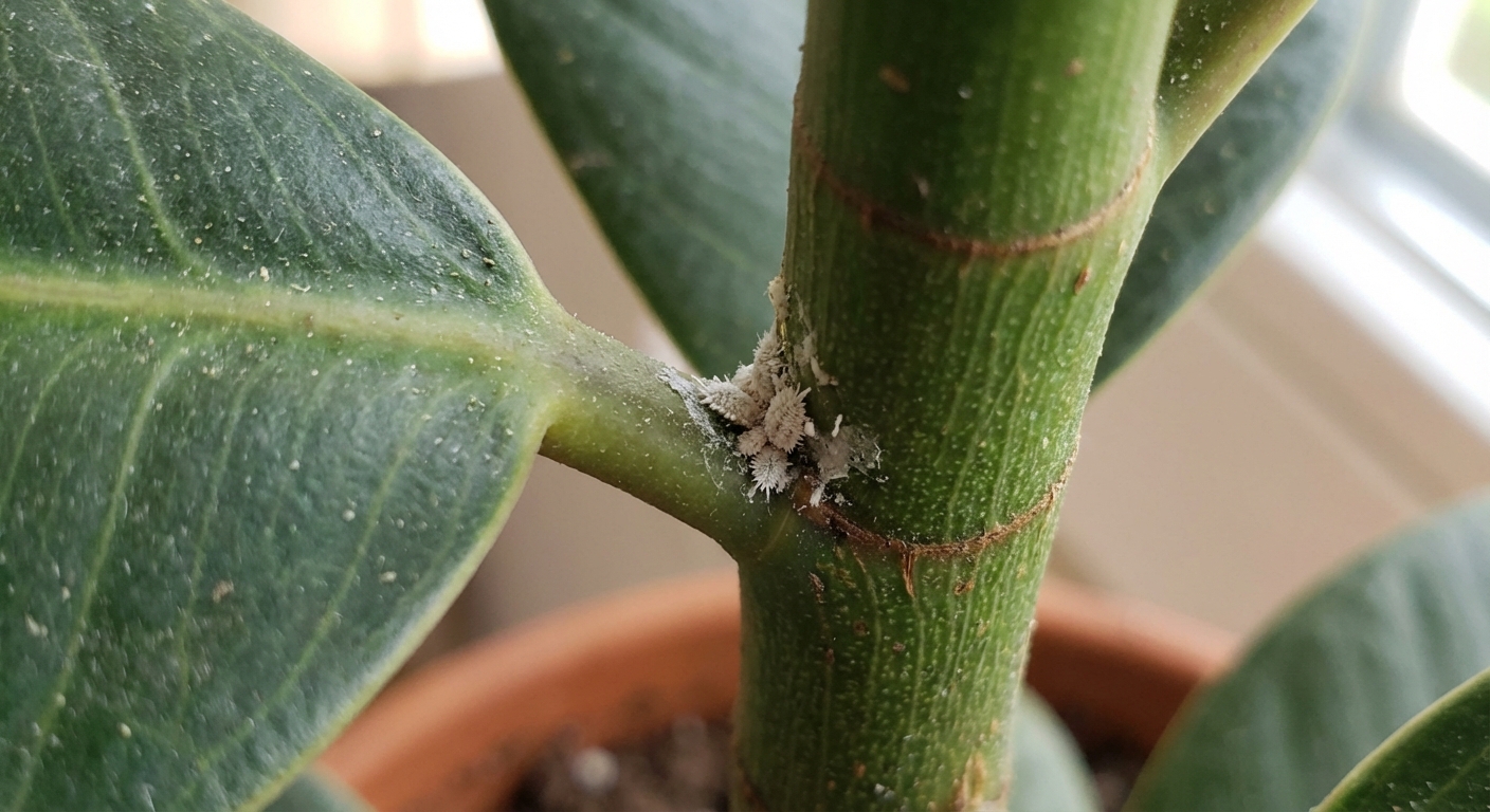 Close-up photo of a rubber plant leaf stem junction showing small white mealybugs clustered near the node, sharp macro indoor plant pest photography