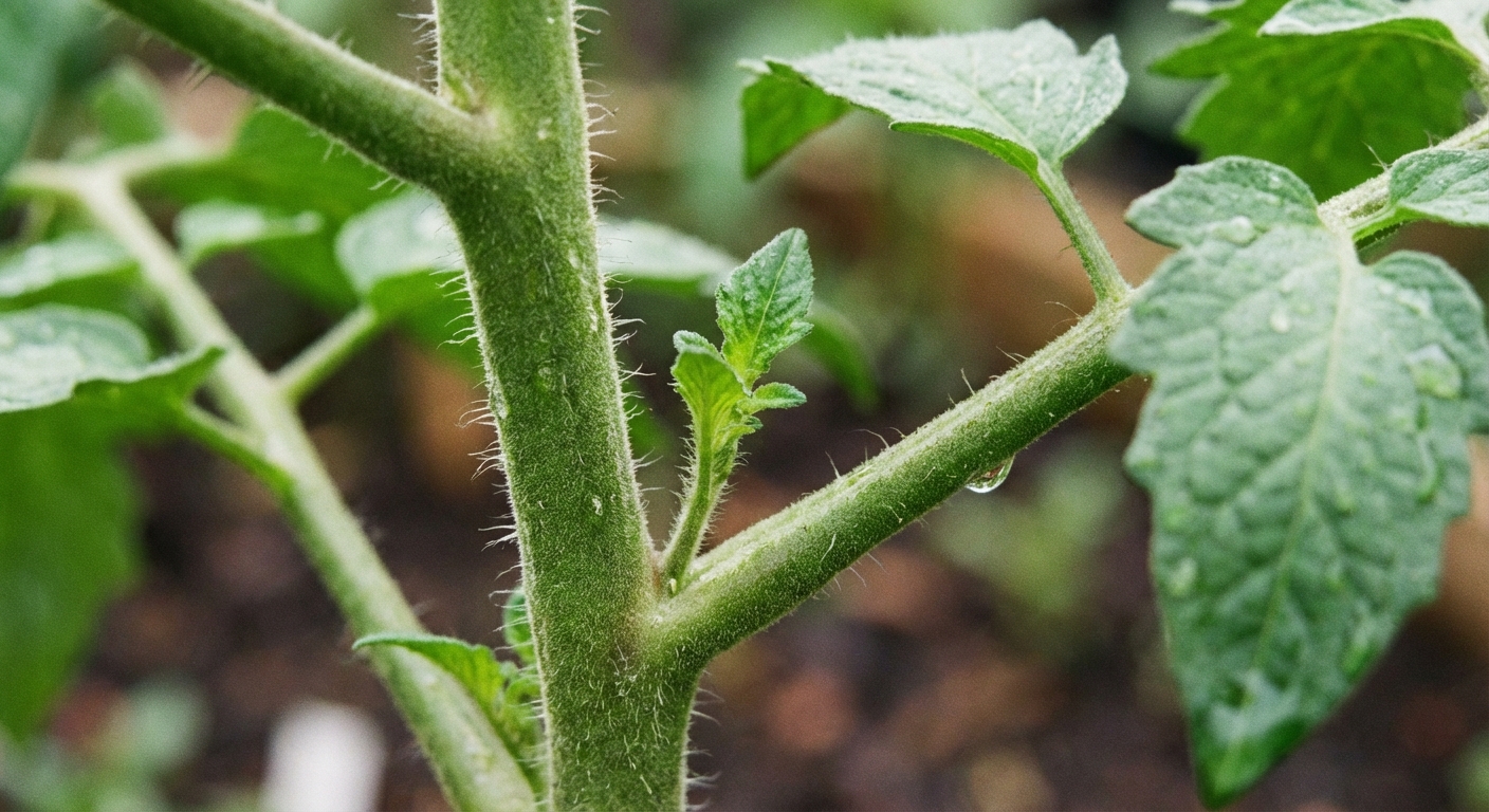 Close-up photo of a tomato plant showing a small sucker emerging from the joint between the main stem and a leaf branch