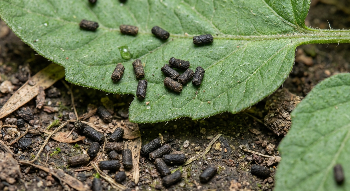 Close-up photograph of black pellet-like caterpillar droppings scattered on a tomato leaf and on the soil surface beneath the plant