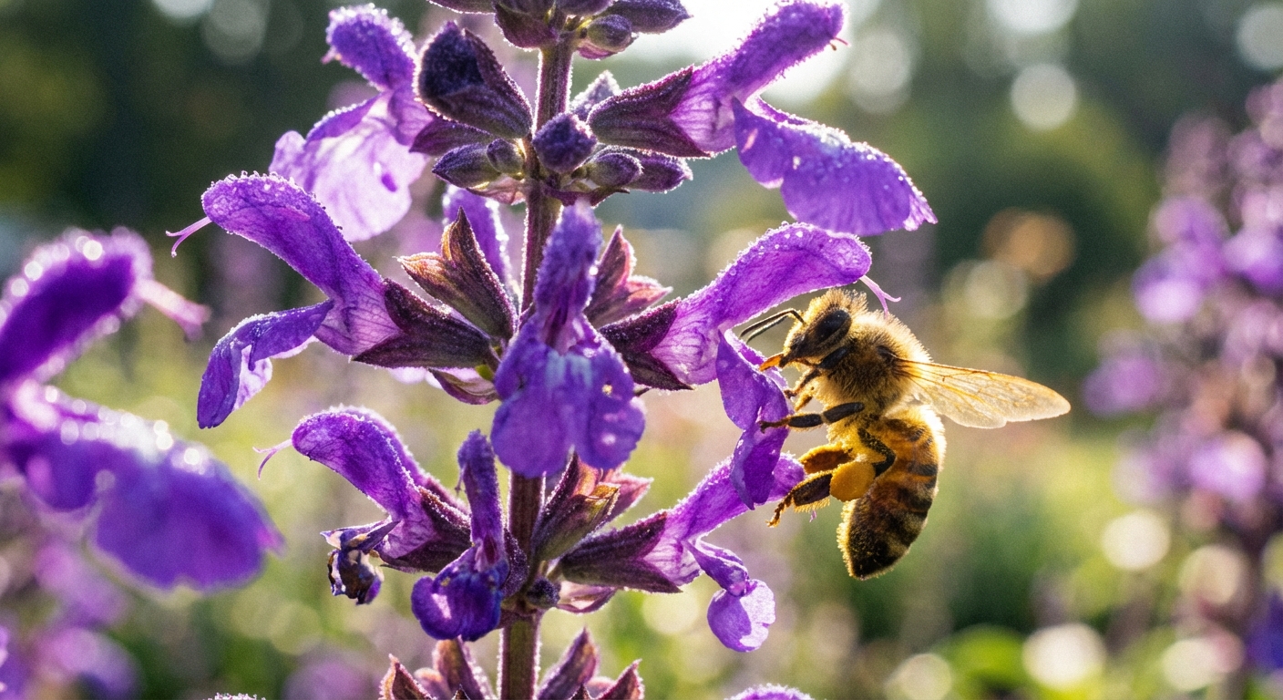 Close-up photograph of purple salvia blooms with a bee collecting pollen in bright sunlight