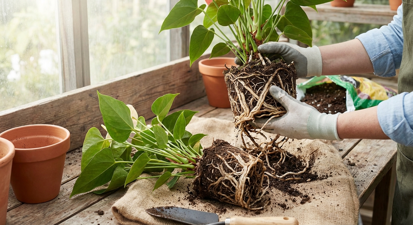 Hands dividing the root ball of an anthurium on a potting bench, showing thick roots and two separate clumps ready to pot, natural light, photorealistic