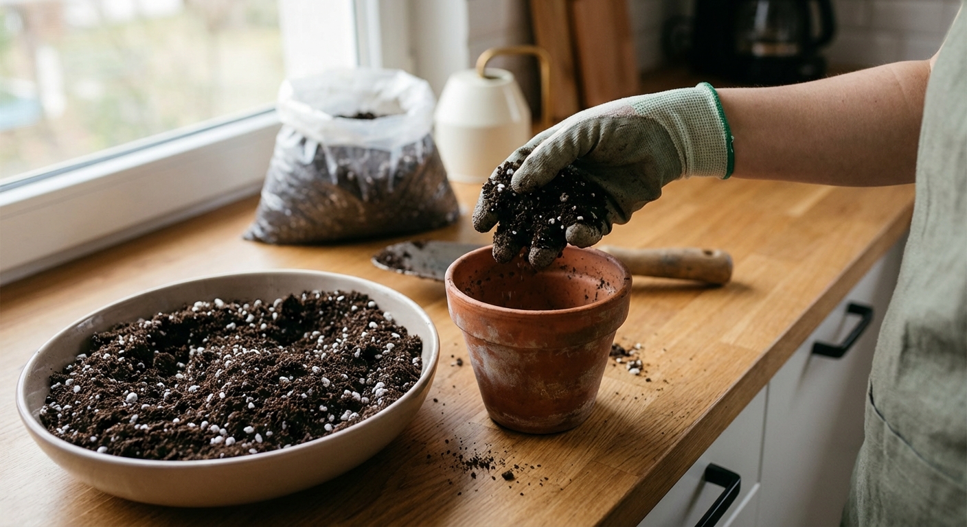 Hands filling a small terracotta pot with fresh potting mix and perlite at a kitchen counter