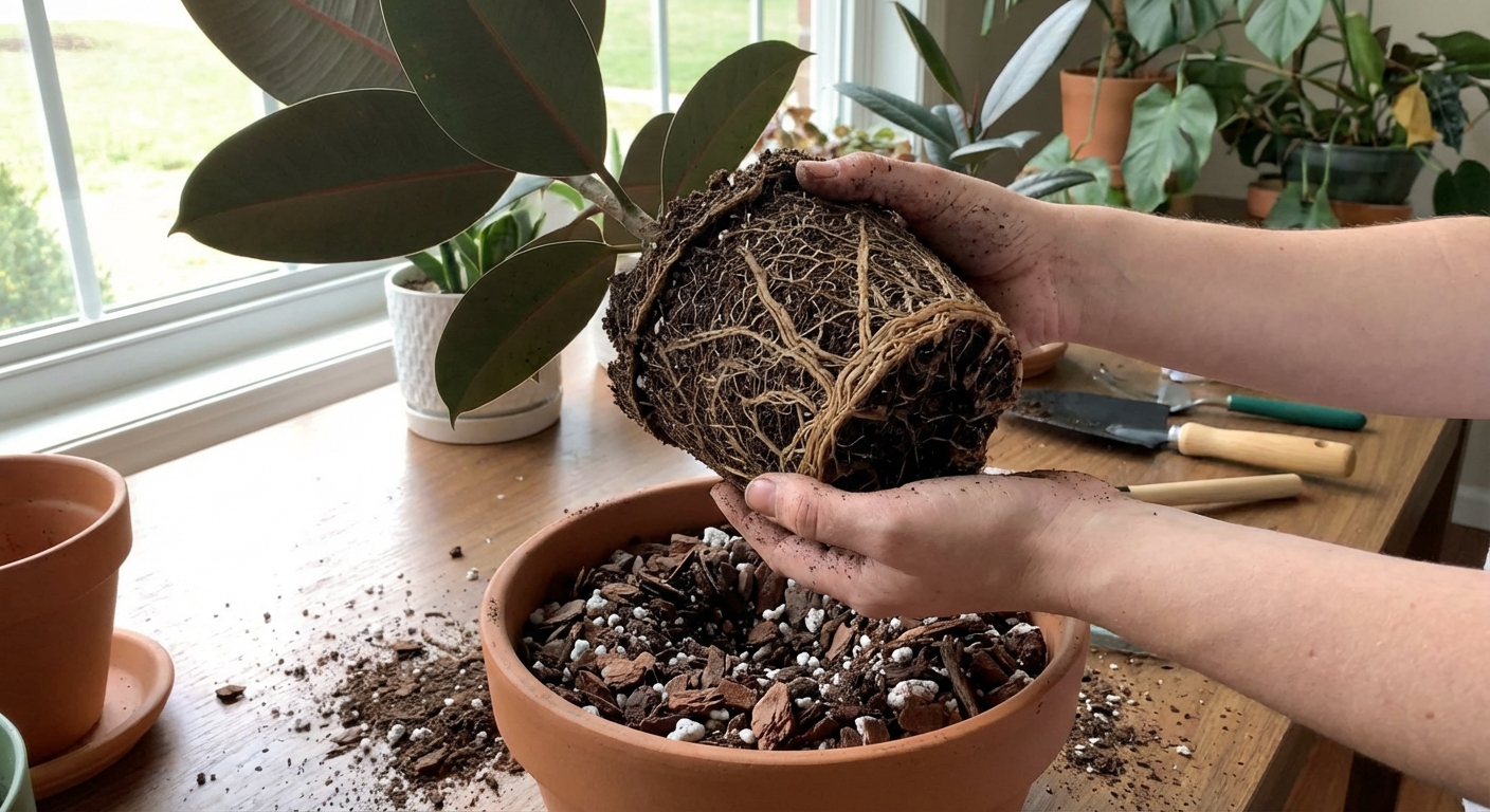 Hands holding a rubber plant root ball above a pot filled with chunky potting mix containing bark and perlite, indoor repotting scene with natural light