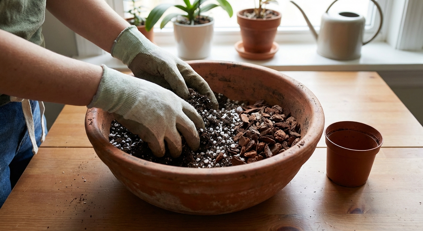 Hands mixing indoor potting soil with perlite and orchid bark in a large bowl beside a small nursery pot, natural window light, realistic indoor gardening photo