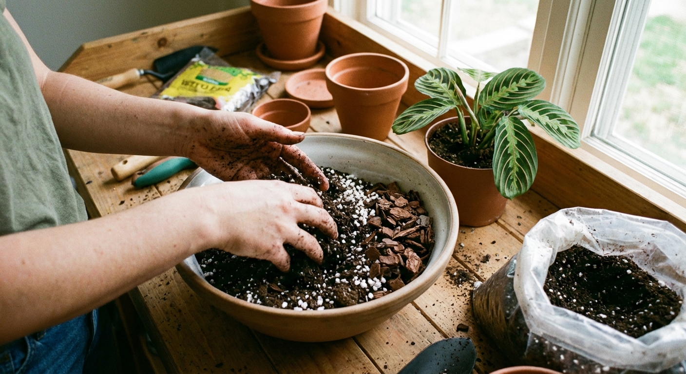 Hands mixing indoor potting soil with perlite and orchid bark in a large bowl on a potting bench, with a small prayer plant nearby, natural daylight, photorealistic