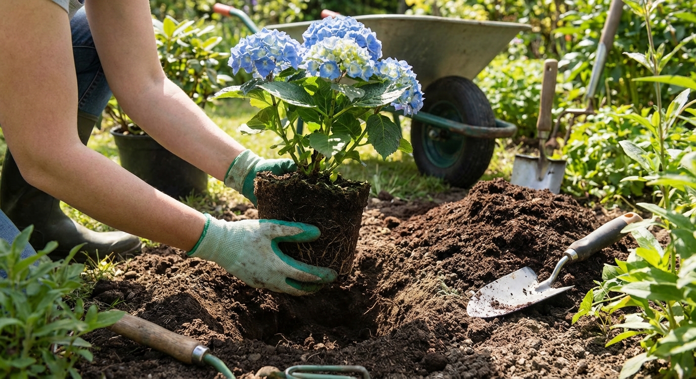 Hands placing a hydrangea plant into a freshly dug garden hole with compost nearby, natural outdoor light, photorealistic