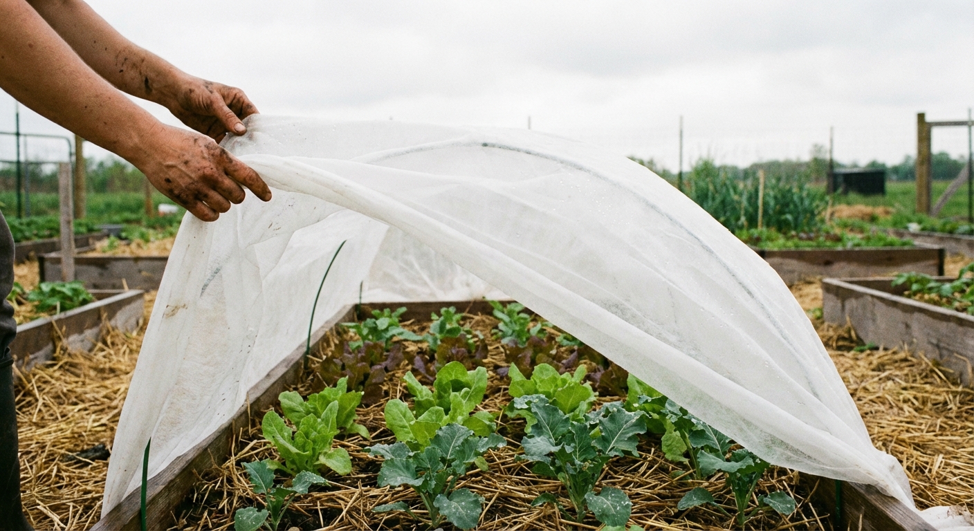 Hands placing a lightweight row cover over newly transplanted seedlings