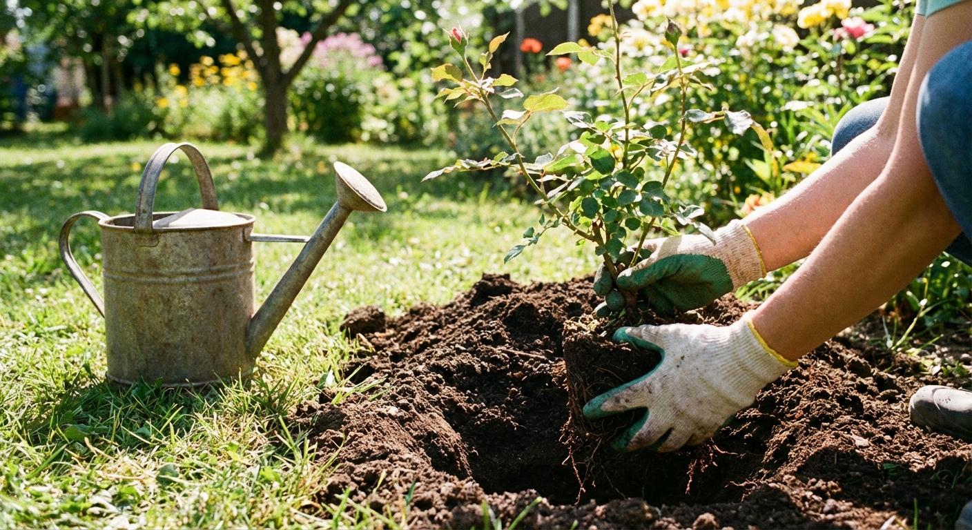 Hands placing a young rose plant into a freshly dug garden hole with compost mixed into dark soil, with a watering can nearby in a sunny backyard
