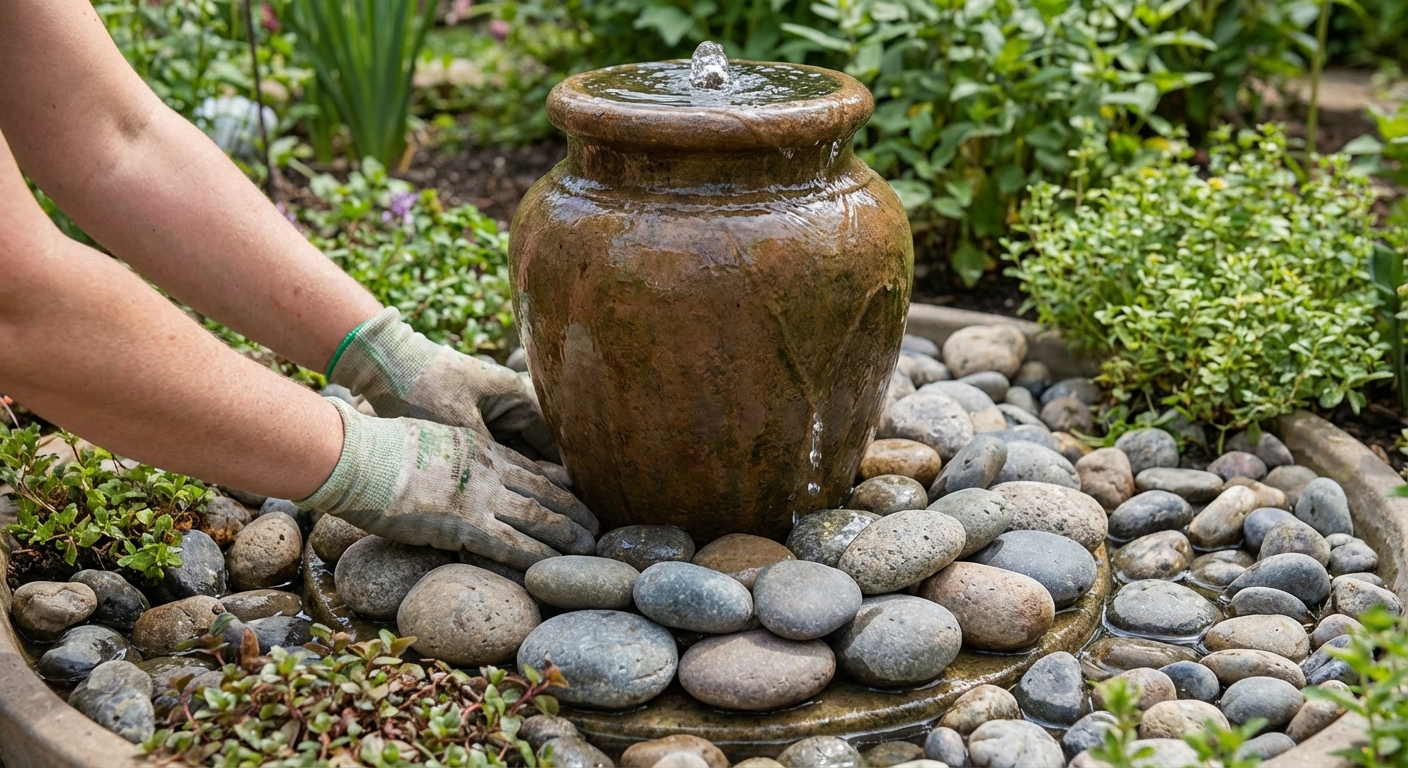 Hands placing river stones around the base of a bubbling urn fountain as water trickles over the rocks
