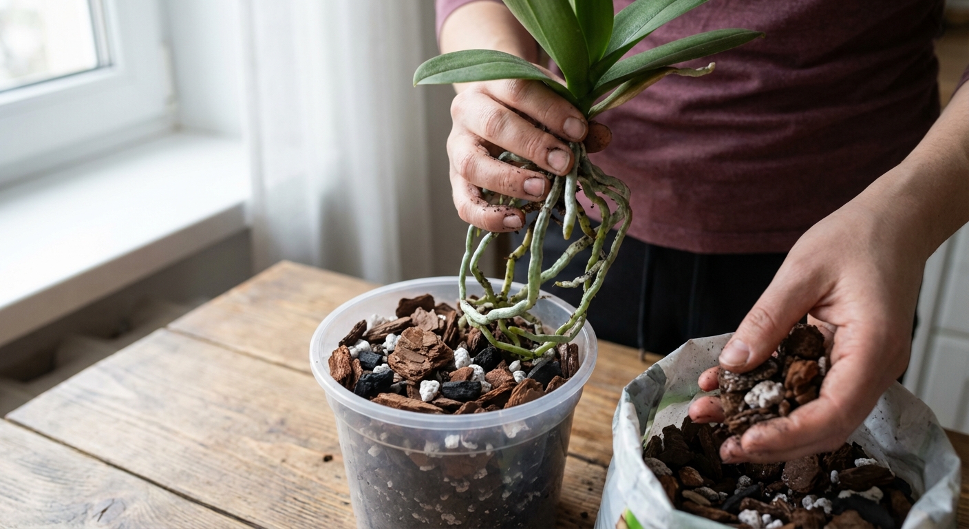 Hands repotting a Phalaenopsis orchid on a kitchen table, placing the plant into a clear orchid pot and pouring chunky bark mix around the roots, natural window light, photorealistic lifestyle plant photography