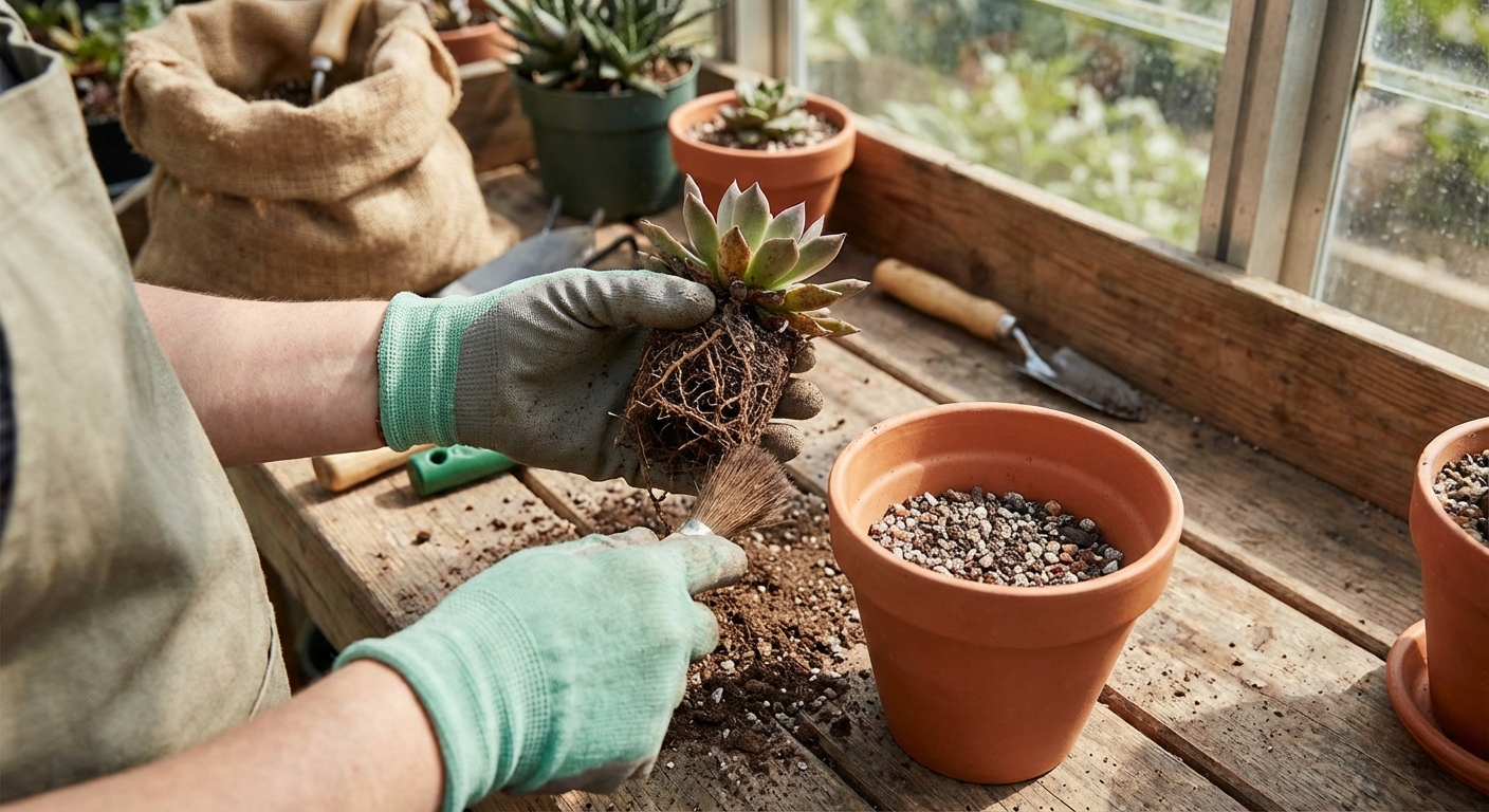 Hands repotting a small succulent into a terracotta pot with gritty soil, old soil brushed off roots, potting bench scene, photorealistic