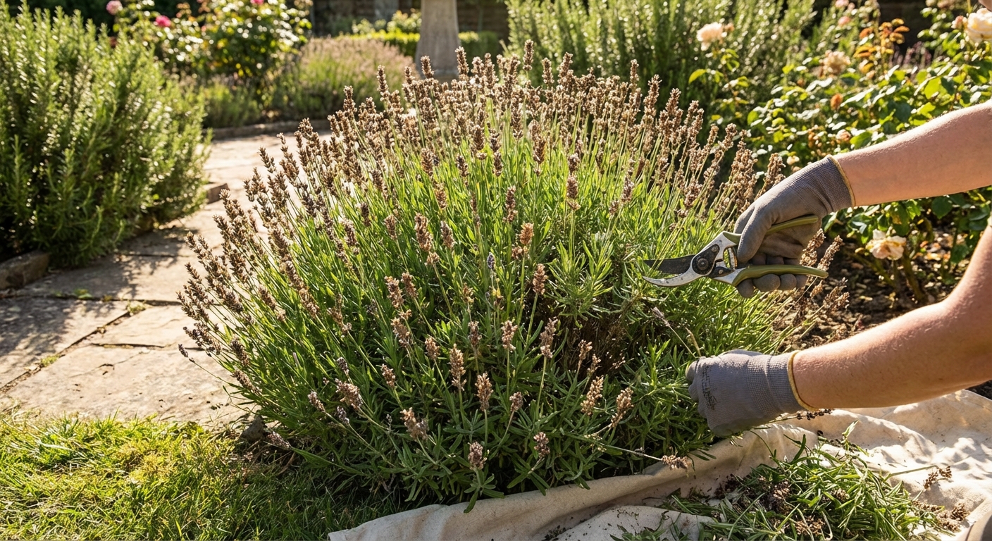 Hands using clean garden shears to prune a rounded lavender mound, trimming green stems just below spent flower spikes on a sunny day