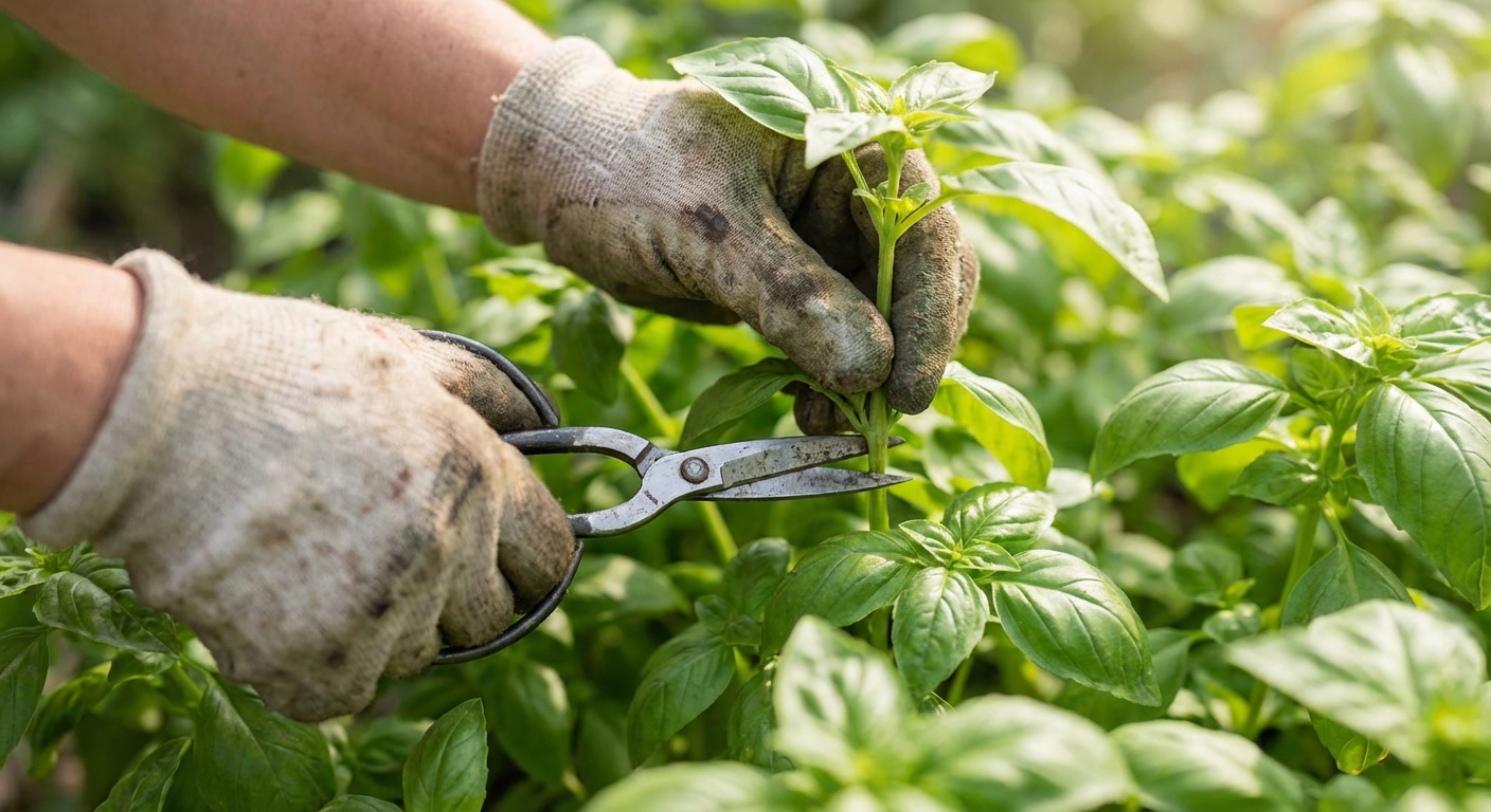 Hands using small garden scissors to snip a basil stem just above a leaf node, close-up view with green leaves filling the frame, natural outdoor light