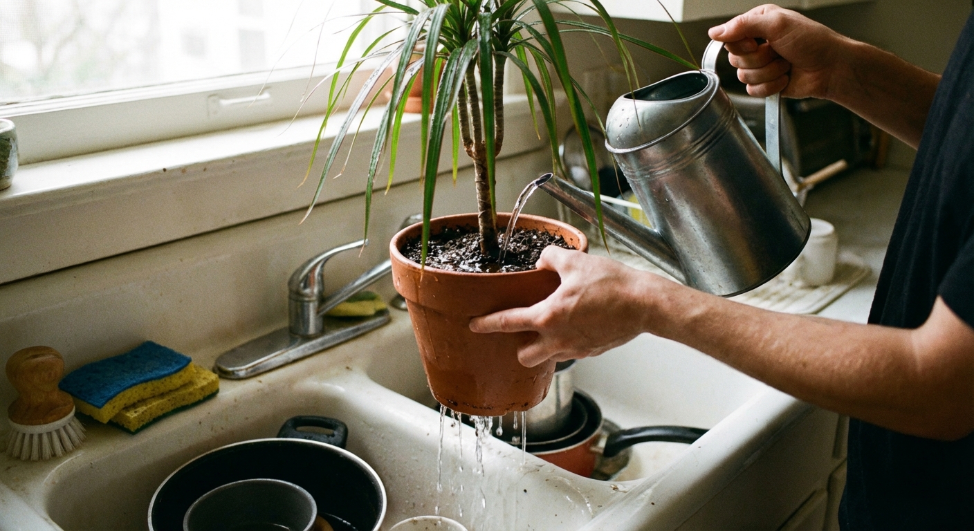 Hands watering a potted Dracaena in a kitchen sink, water flowing through the pot and draining out the bottom holes, close-up natural indoor photo