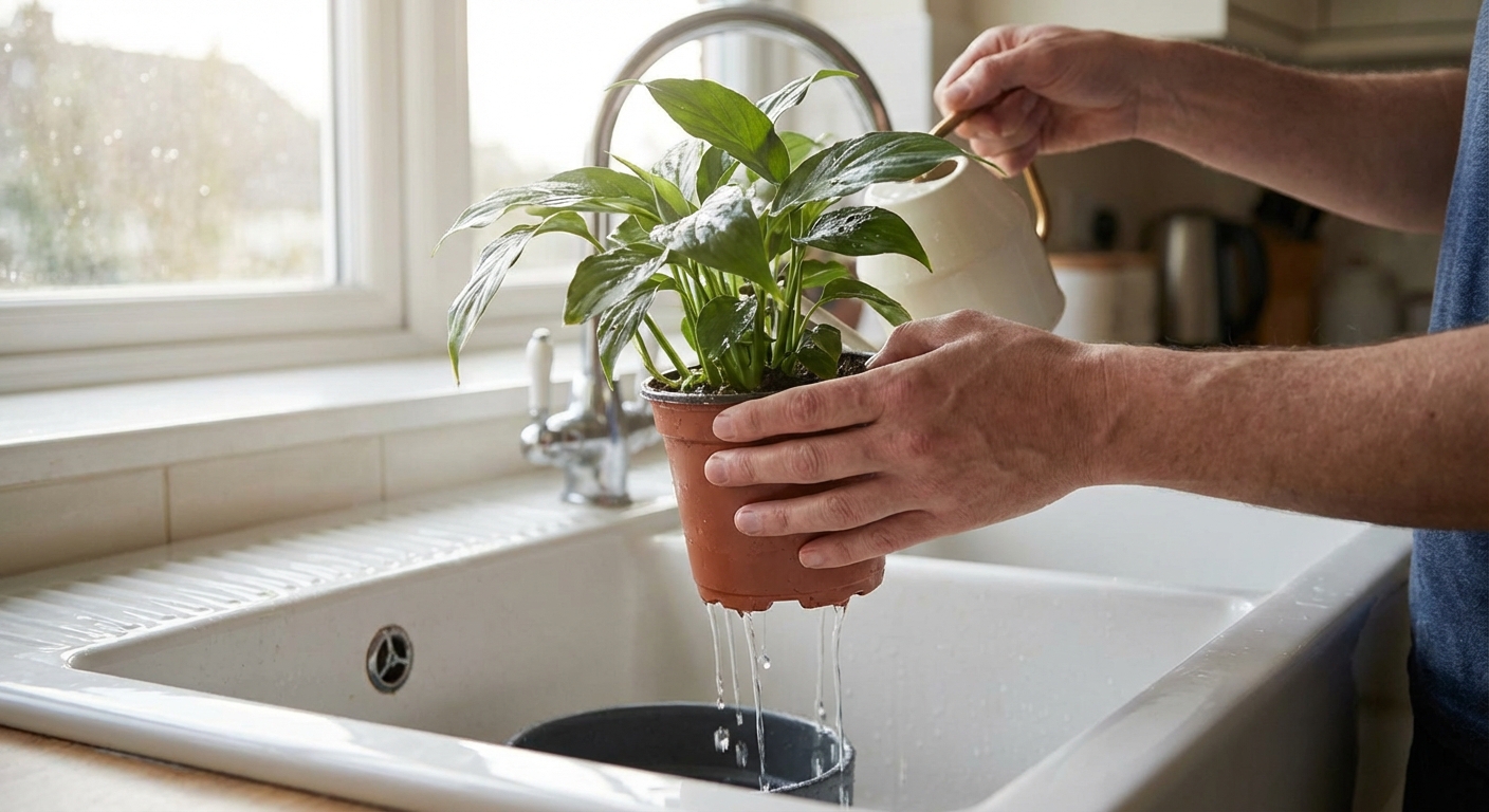 Hands watering a small houseplant in a nursery pot at a kitchen sink with water draining out the bottom, natural window light, photorealistic