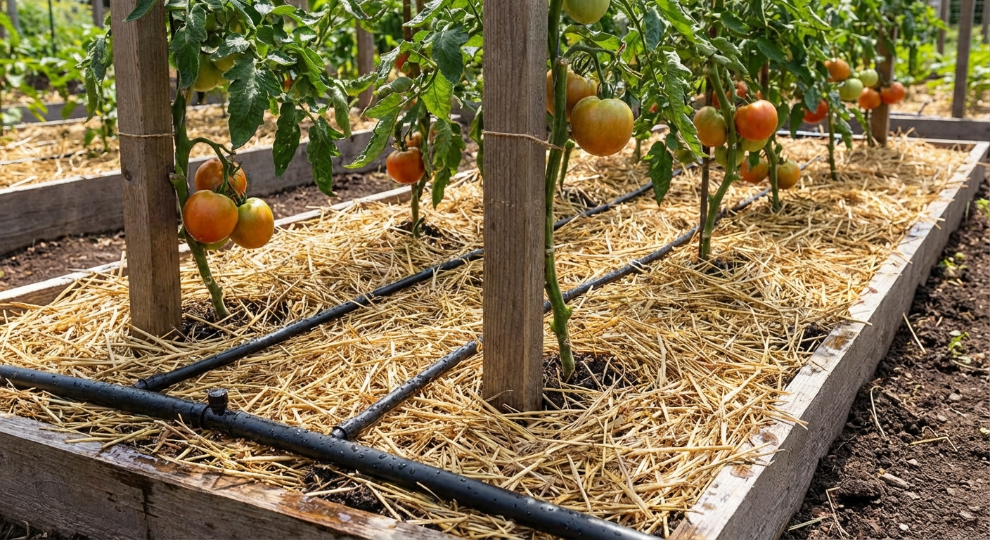 Mulched tomato bed with drip irrigation tubing along the base of staked tomato plants