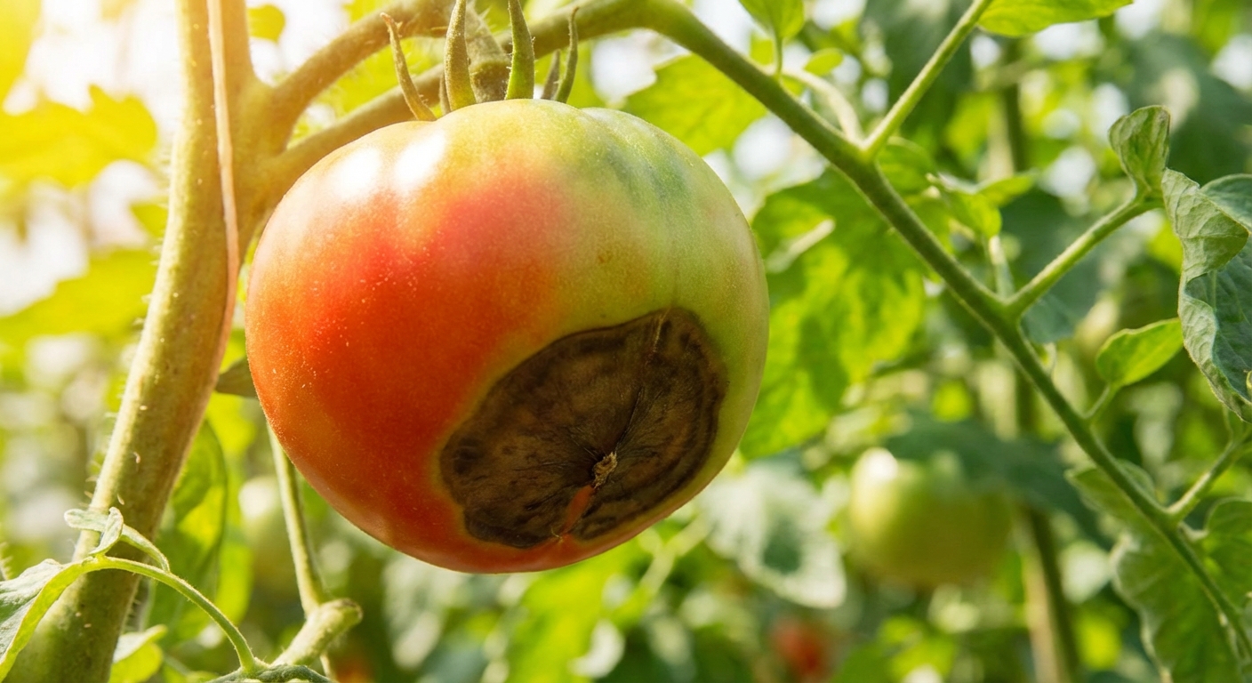 Ripening tomato on the vine with a dark, sunken patch on the blossom end