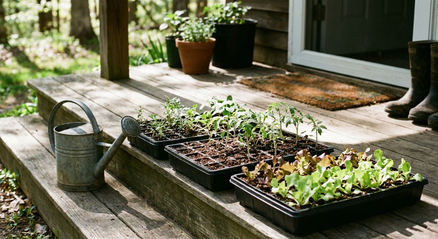 Seedling trays arranged on a porch step in bright shade with a watering can nearby