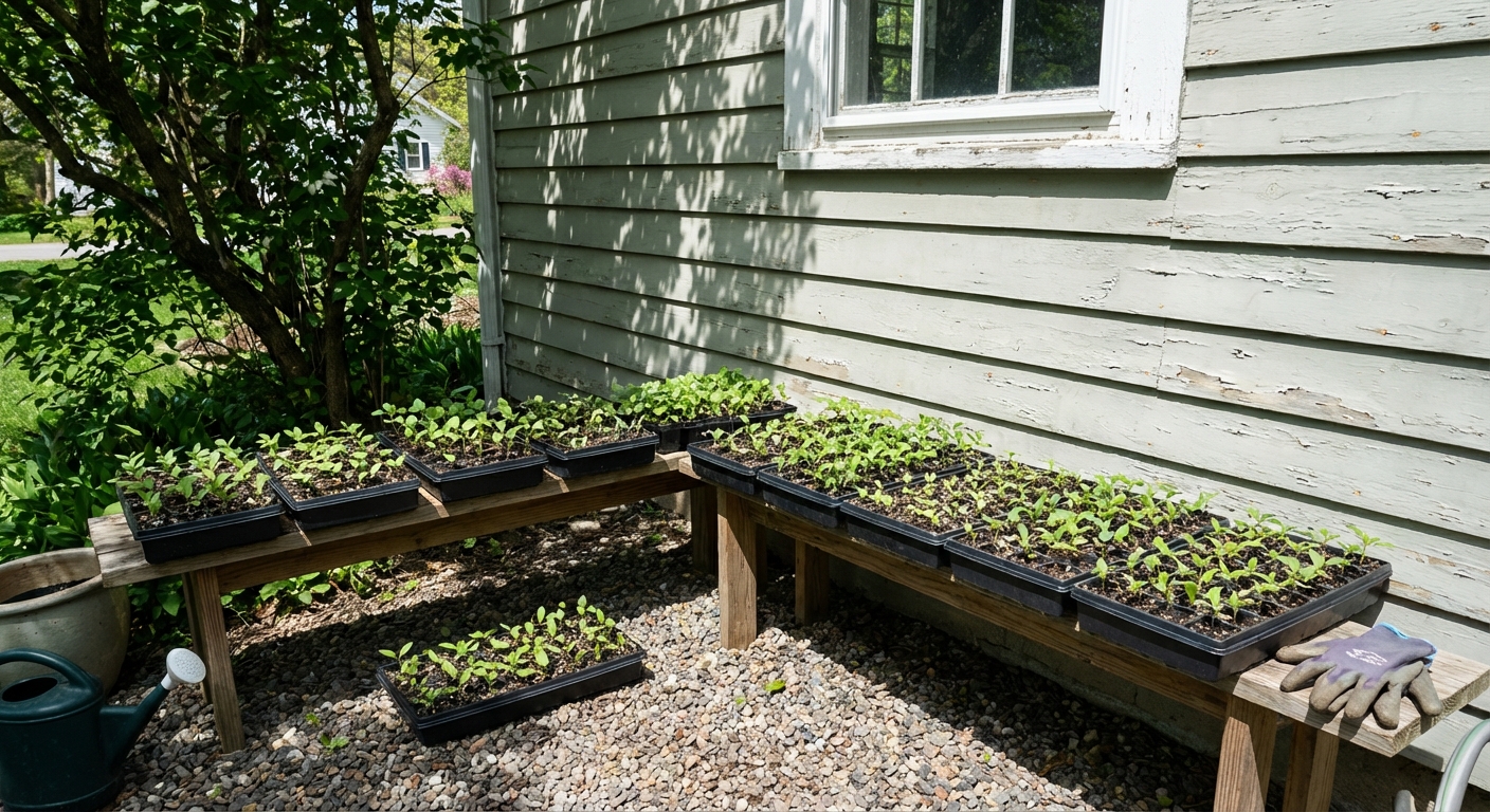Seedling trays outdoors in bright shade next to a house wall