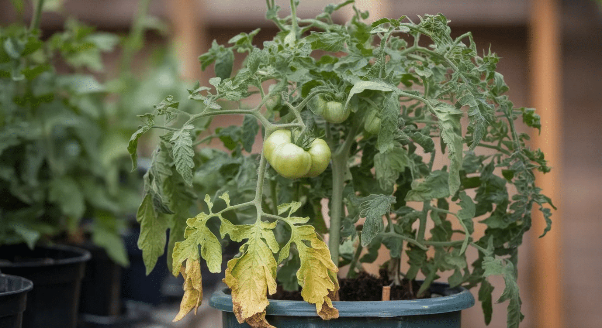 Tomato plant with yellowing, spotted lower leaves and green upper growth