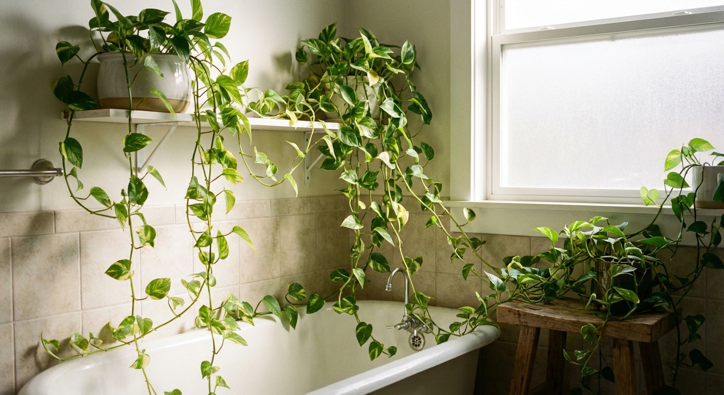 Trailing golden pothos vines hanging in a bathroom corner with soft daylight