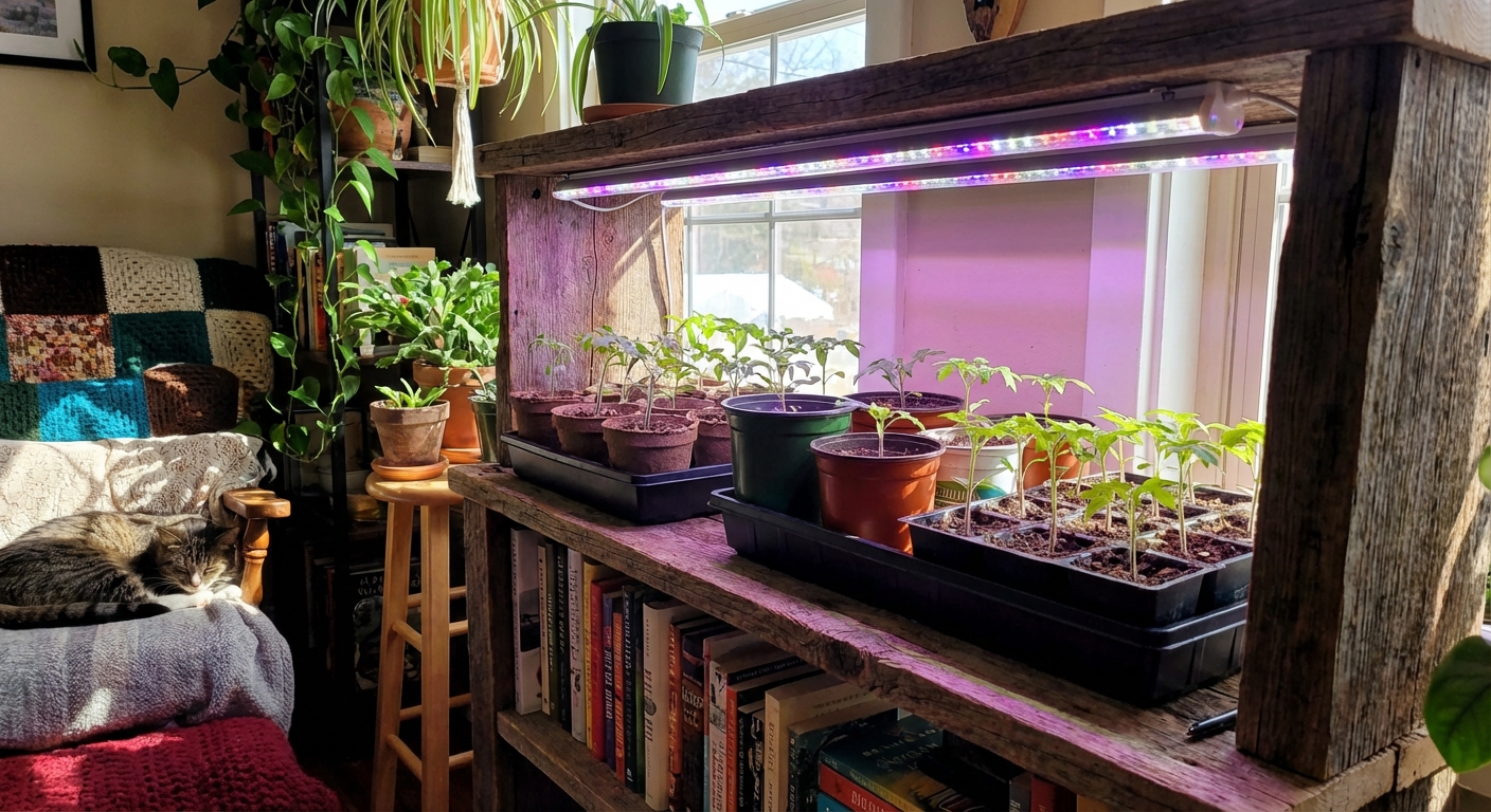 Young tomato seedlings growing under a simple LED light on a shelf in a cozy indoor room