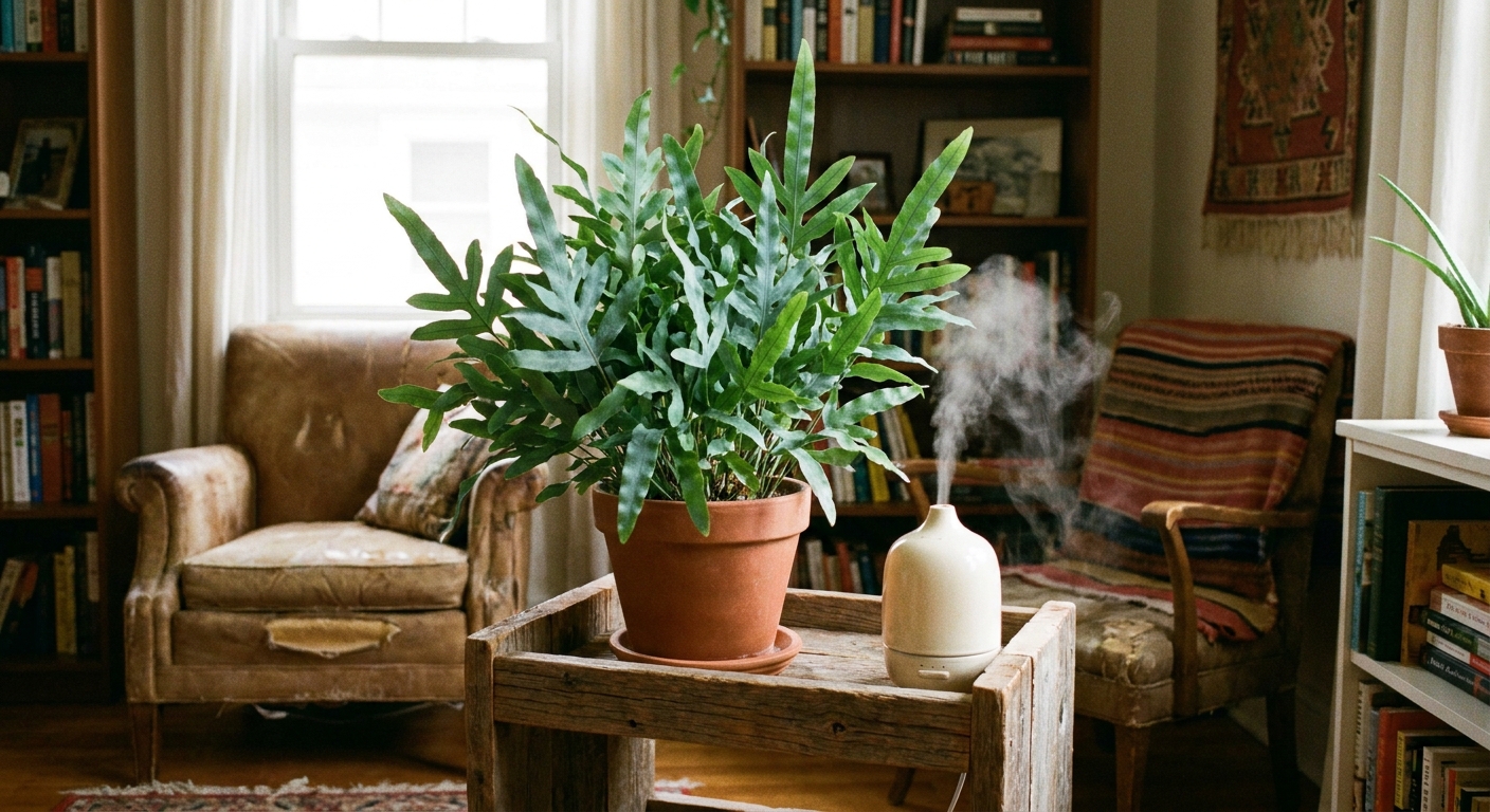 A Blue Star Fern on a plant stand near a small tabletop humidifier in a cozy living room, fronds fresh and upright, realistic indoor photo