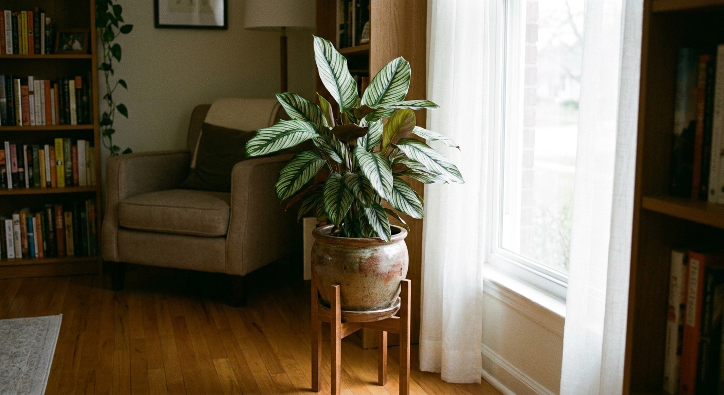 A Calathea in a ceramic pot placed a few feet from a window with a sheer white curtain, soft indirect daylight, real home interior photo
