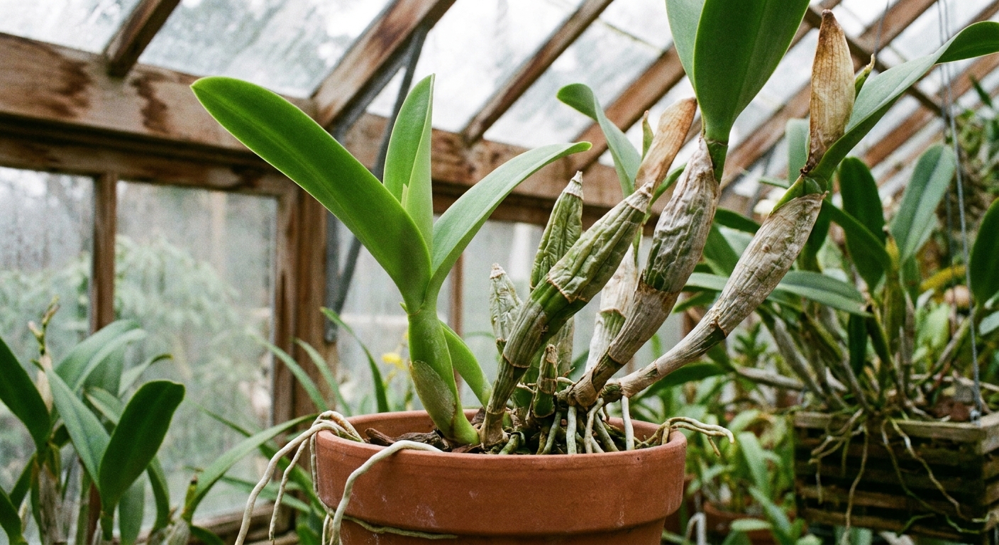 A Cattleya orchid in a pot showing a fresh green new pseudobulb emerging beside older pseudobulbs, greenhouse-style real photograph