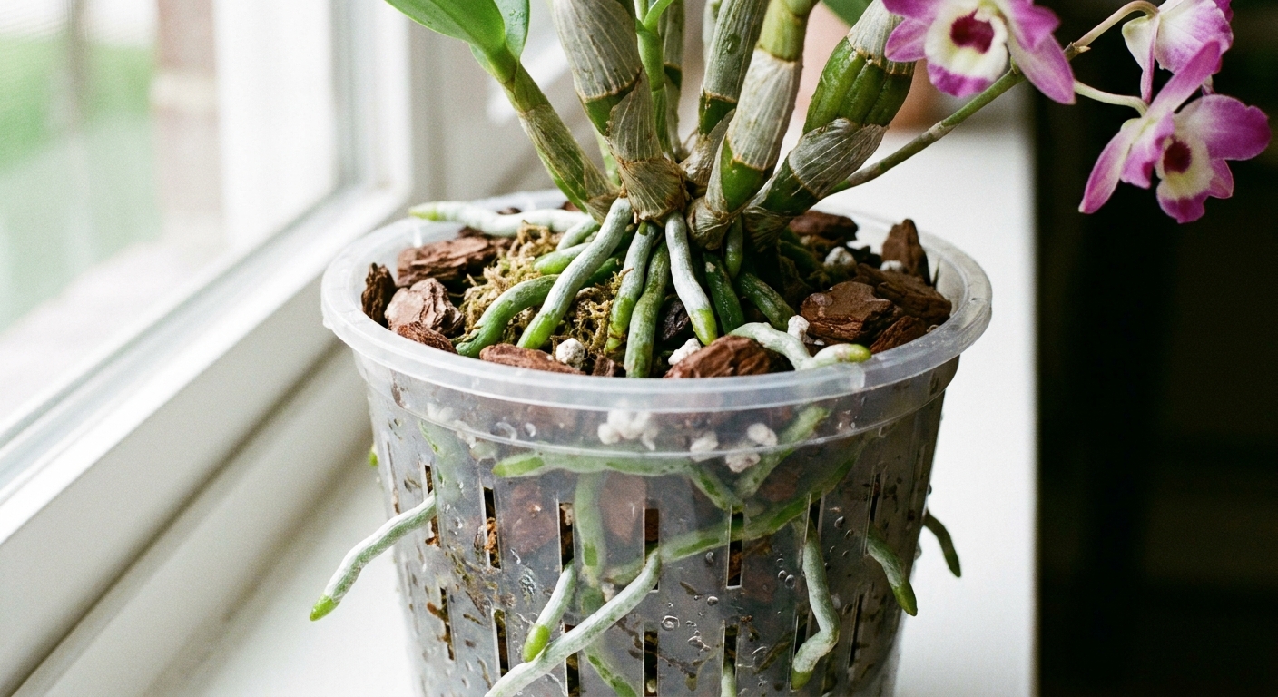 A Dendrobium orchid in a clear slotted pot showing plump green and silvery roots growing through chunky bark, real close-up photograph