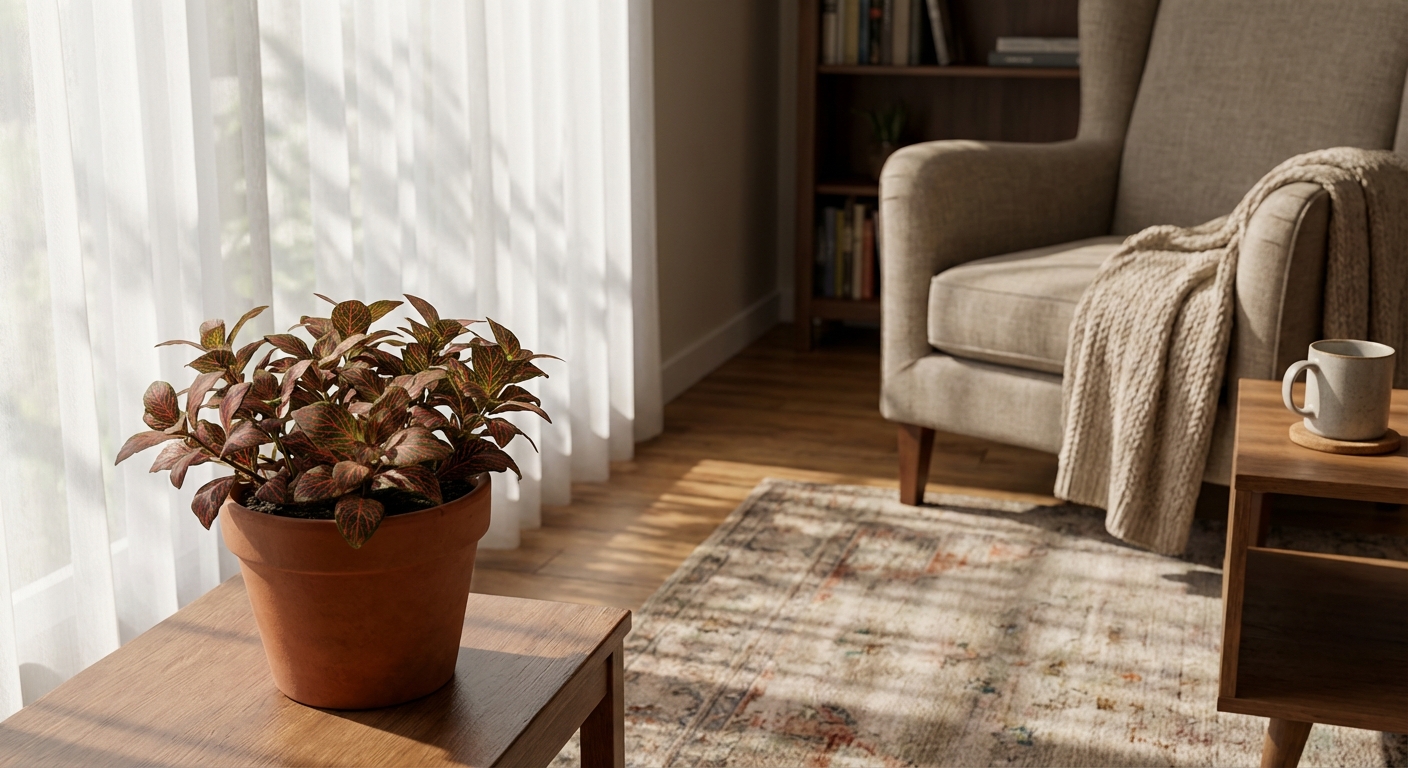 A Fittonia nerve plant sitting a few feet from a bright window with sheer curtains, dappled indirect sunlight on the leaves, cozy indoor living room scene, photorealistic