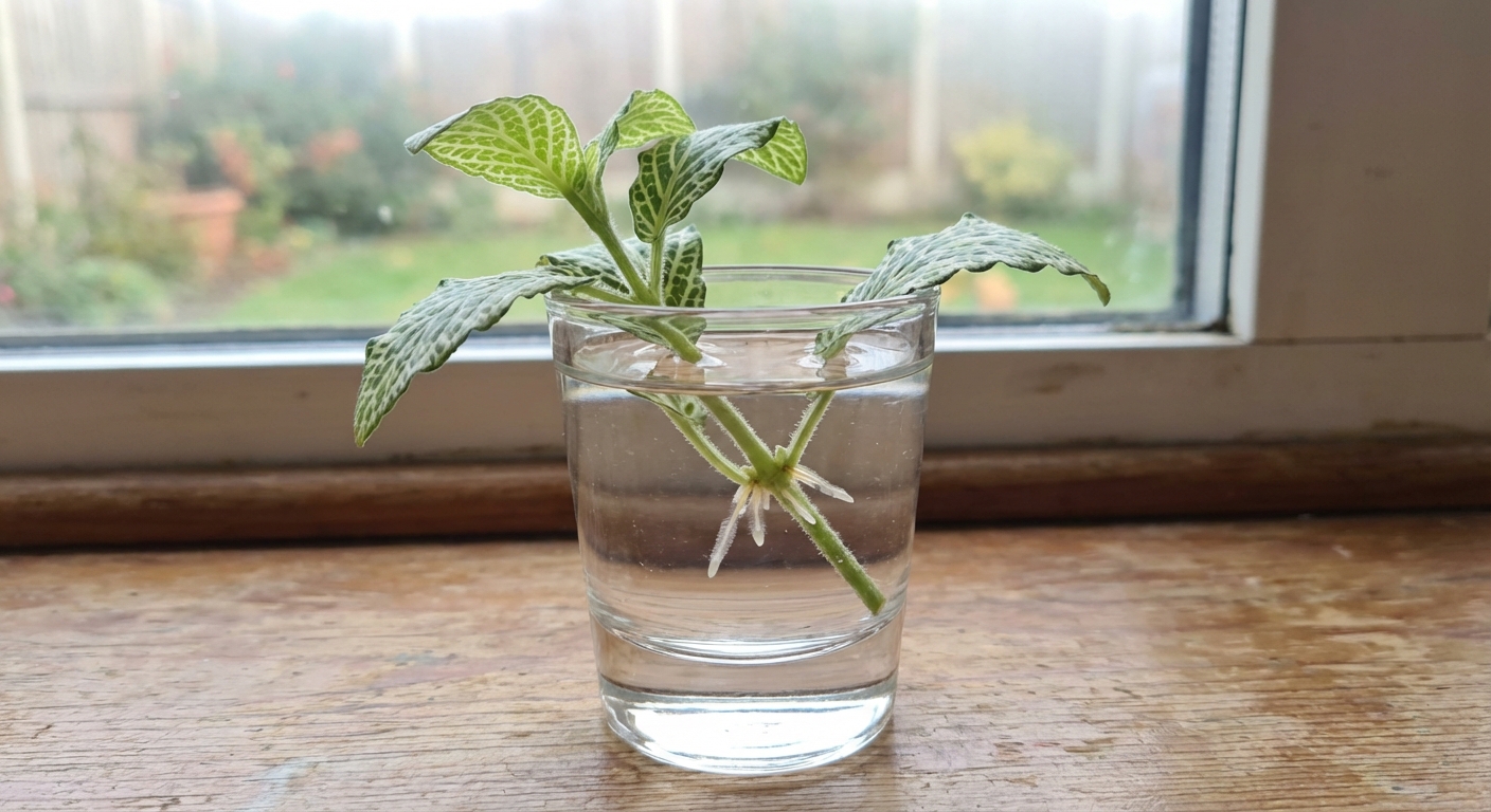 A Fittonia stem cutting rooting in a small clear glass of water on a windowsill, visible nodes submerged and tiny white roots forming, soft natural light, photorealistic