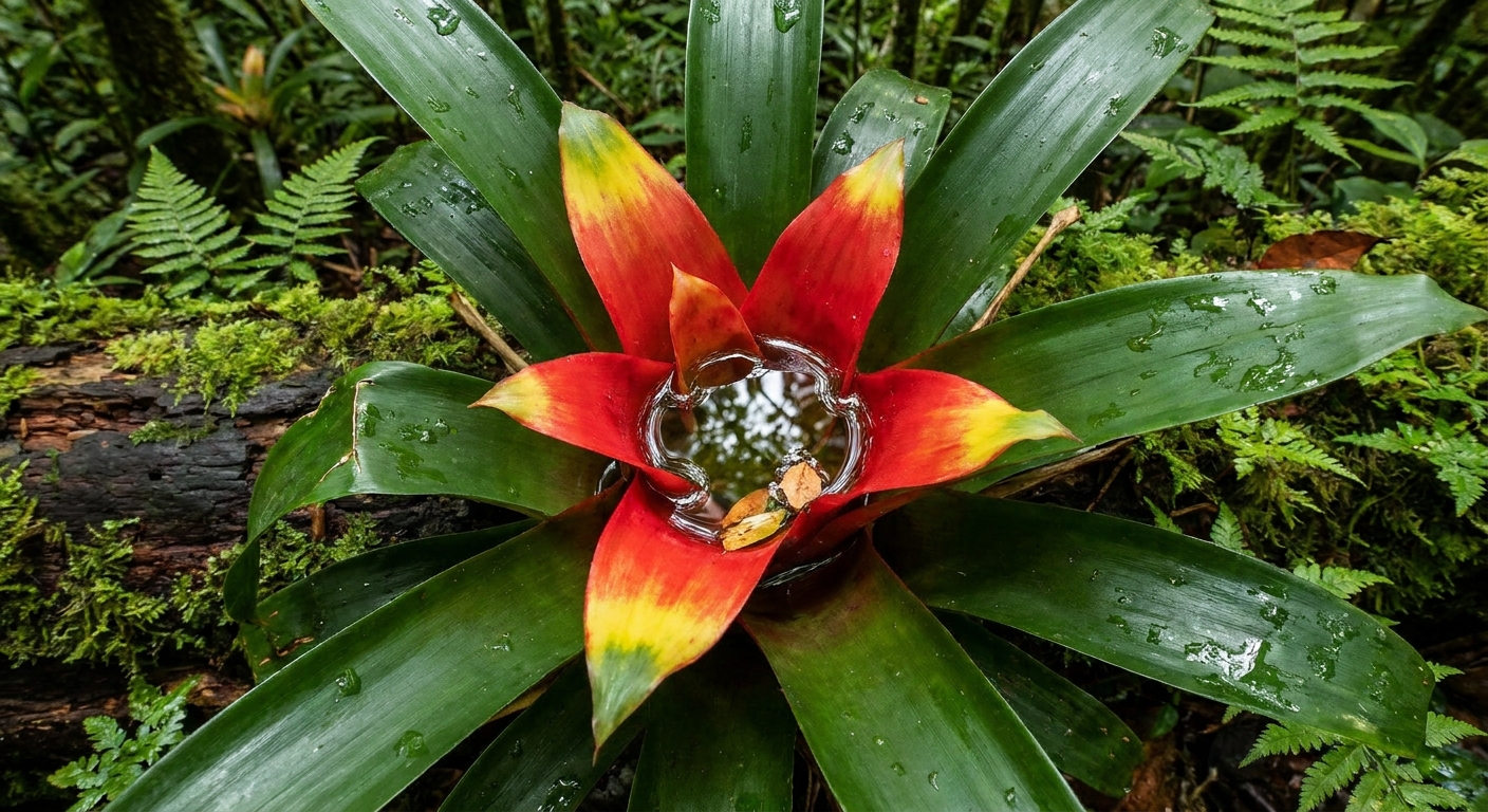 A Guzmania bromeliad with clean water visible pooled in the central tank